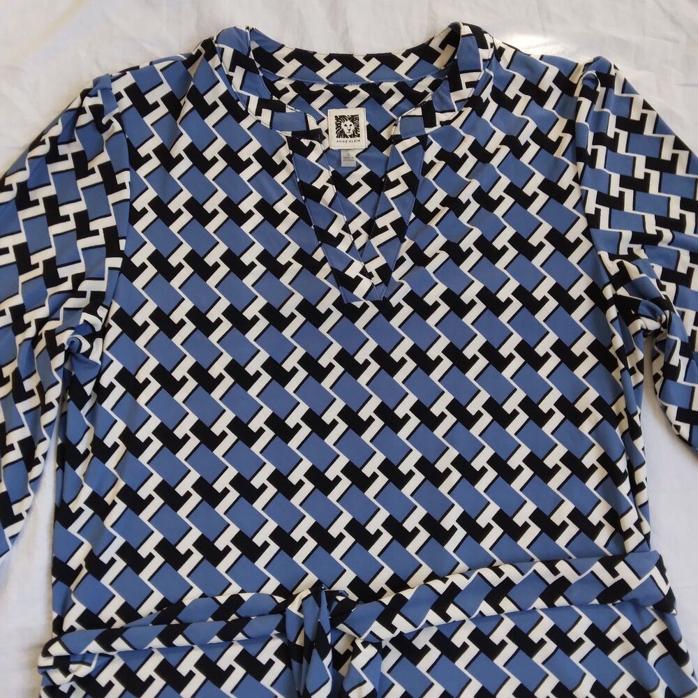 Anne Klein Long Sleeve Sheath Dress Belted Blue Black Geometric Retro Size S - Picture 6 of 16